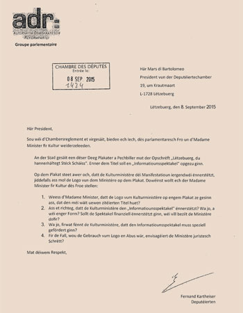 Question parlementaire n° 1424 du 8 septembre 2015 de Monsieur le Député Fernand Kartheiser