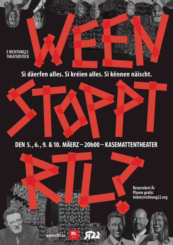 Affiche vum Theaterstéck: RTL Tierm am Hannergrond an den Titel mat roudem Tape